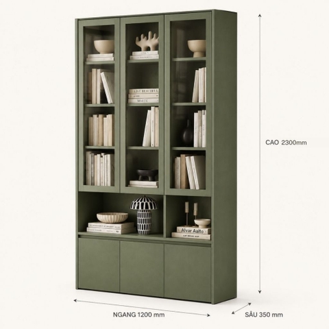 Tủ Sách Cánh Kính Kết Hợp Kệ Trang Trí Và Ngăn Tủ Lưu Trữ, Màu Xanh Lá 120x35x230cm Yapi-XKS003