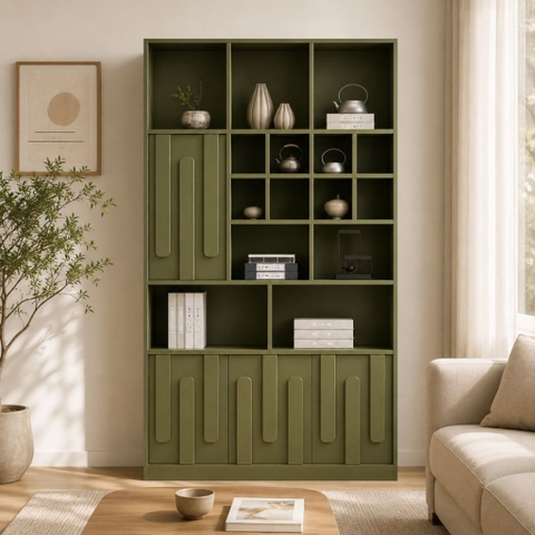Kệ Sách Trang Trí KèmTủ Lưu Trữ Màu Xanh Lá Hiện Đại 100x35x200cm Yapi-XKS005