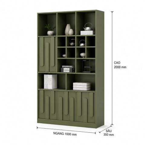 Kệ Sách Trang Trí KèmTủ Lưu Trữ Màu Xanh Lá Hiện Đại 100x35x200cm Yapi-XKS005