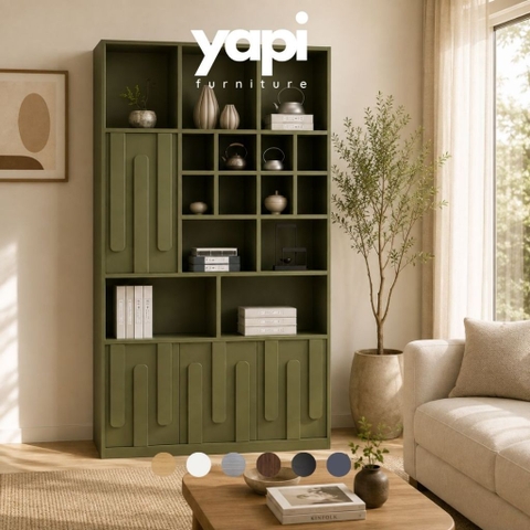Kệ Sách Trang Trí KèmTủ Lưu Trữ Màu Xanh Lá Hiện Đại 100x35x200cm Yapi-XKS005