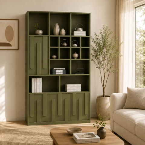 Kệ Sách Trang Trí KèmTủ Lưu Trữ Màu Xanh Lá Hiện Đại 100x35x200cm Yapi-XKS005