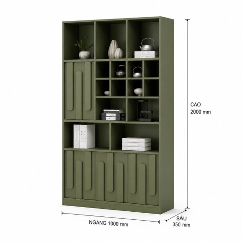 Kệ Sách Trang Trí KèmTủ Lưu Trữ Màu Xanh Lá Hiện Đại 100x35x200cm Yapi-XKS005