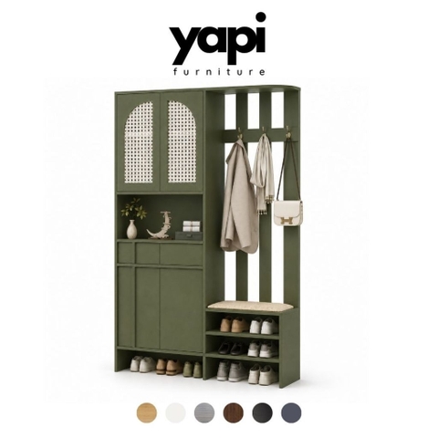 Tủ Giày Cánh Mây Kết Hợp Ghế Ngồi Có Móc Treo Cánh Màu Xanh Lá 120x40x200cm Yapi-XTG009