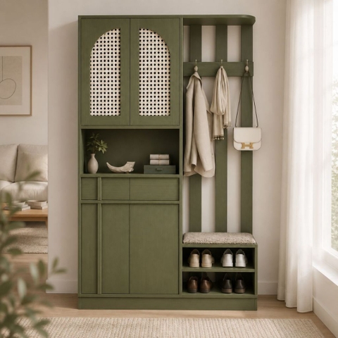 Tủ Giày Cánh Mây Kết Hợp Ghế Ngồi Có Móc Treo Cánh Màu Xanh Lá 120x40x200cm Yapi-XTG009