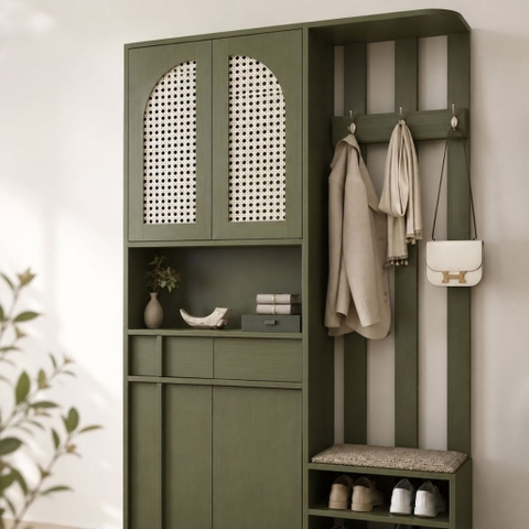 Tủ Giày Cánh Mây Kết Hợp Ghế Ngồi Có Móc Treo Cánh Màu Xanh Lá 120x40x200cm Yapi-XTG009