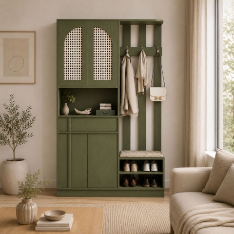 Tủ Giày Cánh Mây Kết Hợp Ghế Ngồi Có Móc Treo Cánh Màu Xanh Lá 120x40x200cm Yapi-XTG009