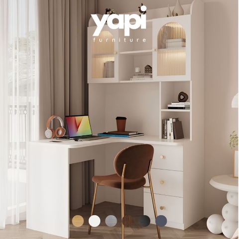 Bàn Học, Làm Việc Góc Chữ L Tích Hợp Giá Sách Đèn LED Kính Sóng 160x55x200cm Yapi-437