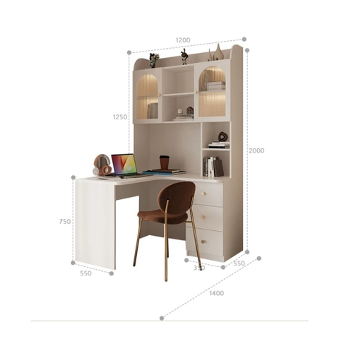 Bàn Học, Làm Việc Góc Chữ L Tích Hợp Giá Sách Đèn LED Kính Sóng 160x55x200cm Yapi-437