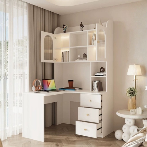 Bàn Học, Làm Việc Góc Chữ L Tích Hợp Giá Sách Đèn LED Kính Sóng 160x55x200cm Yapi-437