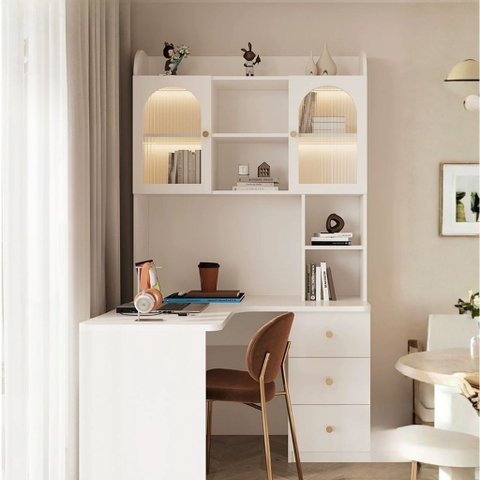 Bàn Học, Làm Việc Góc Chữ L Tích Hợp Giá Sách Đèn LED Kính Sóng 160x55x200cm Yapi-437