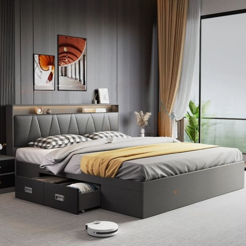 Giường Ngủ Có Ngăn Kéo Lưu Trữ Đầu Giường Bọc Nệm Sang Trọng 1m8x2m Yapi-568