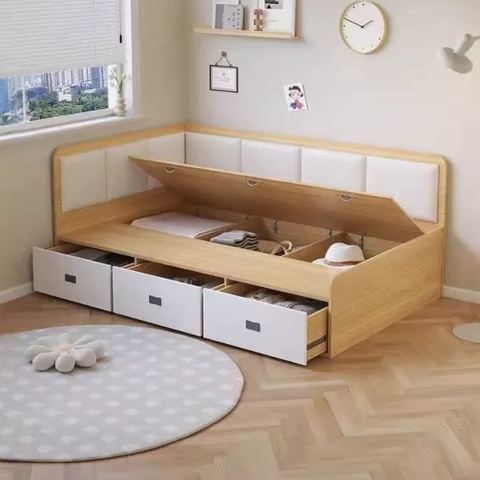 Giường Ngủ Góc Chữ L Cho Bé Có 3 Ngăn Kéo Lưu Trữ, Có Bọc Nệm 1m2x2m Yapi-570