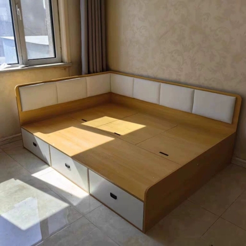 Giường Ngủ Góc Chữ L Cho Bé Có 3 Ngăn Kéo Lưu Trữ, Có Bọc Nệm 1m2x2m Yapi-570