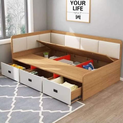 Giường Ngủ Góc Chữ L Cho Bé Có 3 Ngăn Kéo Lưu Trữ, Có Bọc Nệm 1m2x2m Yapi-570