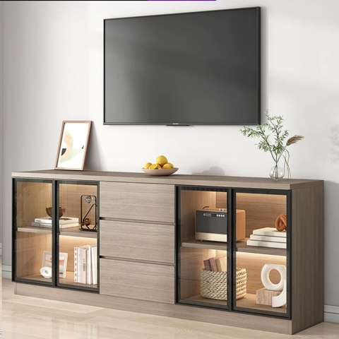 Kệ Tivi Kết Hợp Tủ Trang Trí Cánh Kính, Đèn LED, Có Ngăn Kéo 200x40x70cm Yapi-932