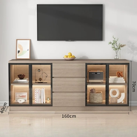 Kệ Tivi Kết Hợp Tủ Trang Trí Cánh Kính, Đèn LED, Có Ngăn Kéo 200x40x70cm Yapi-932