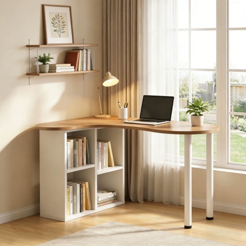 Bàn Làm Việc Góc Chữ L Bo Cong Hiện Đại Tích Hợp Kệ Sách 160x78x73.5cm Yapi-440