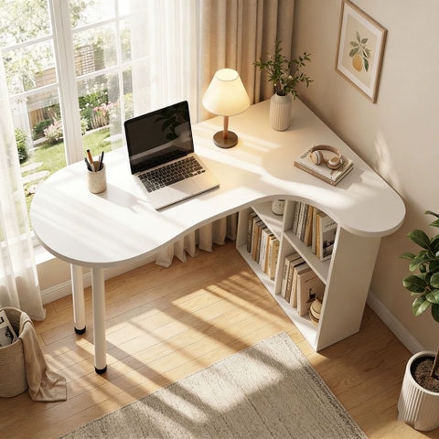 Bàn Làm Việc Góc Chữ L Bo Cong Hiện Đại Tích Hợp Kệ Sách 160x78x73.5cm Yapi-440