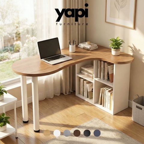 Bàn Làm Việc Góc Chữ L Bo Cong Hiện Đại Tích Hợp Kệ Sách 160x78x73.5cm Yapi-440