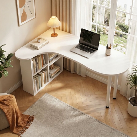 Bàn Làm Việc Góc Chữ L Bo Cong Hiện Đại Tích Hợp Kệ Sách 160x78x73.5cm Yapi-440