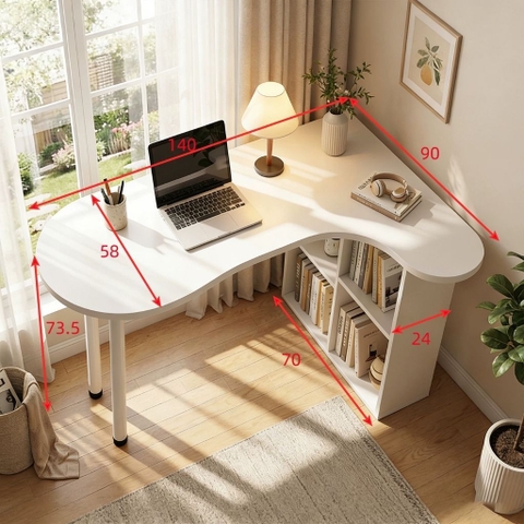 Bàn Làm Việc Góc Chữ L Bo Cong Hiện Đại Tích Hợp Kệ Sách 160x78x73.5cm Yapi-440