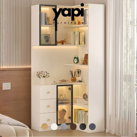 Kệ Sách Trang Trí Chữ L Đa Năng Cánh Kính Tích Hợp Đèn LED Hiện Đại 60+60x30x200cm Yapi-192
