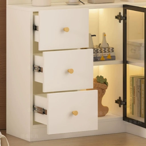 Kệ Sách Trang Trí Chữ L Đa Năng Cánh Kính Tích Hợp Đèn LED Hiện Đại 60+60x30x200cm Yapi-192