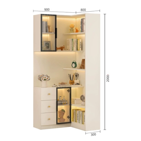 Kệ Sách Trang Trí Chữ L Đa Năng Cánh Kính Tích Hợp Đèn LED Hiện Đại 60+60x30x200cm Yapi-192