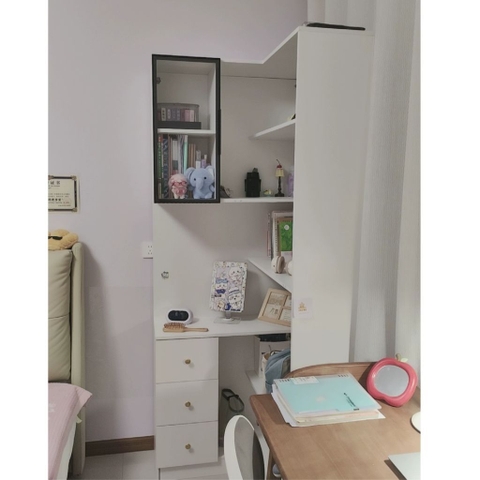 Kệ Sách Trang Trí Chữ L Đa Năng Cánh Kính Tích Hợp Đèn LED Hiện Đại 60+60x30x200cm Yapi-192