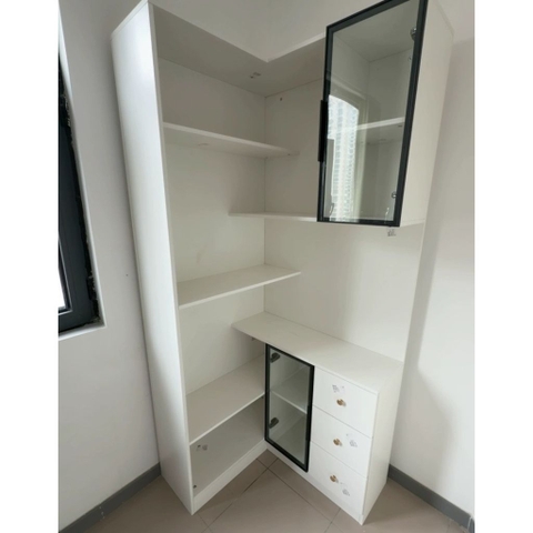 Kệ Sách Trang Trí Chữ L Đa Năng Cánh Kính Tích Hợp Đèn LED Hiện Đại 60+60x30x200cm Yapi-192