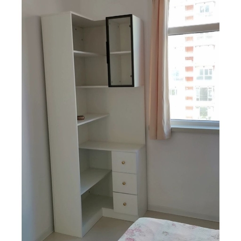 Kệ Sách Trang Trí Chữ L Đa Năng Cánh Kính Tích Hợp Đèn LED Hiện Đại 60+60x30x200cm Yapi-192
