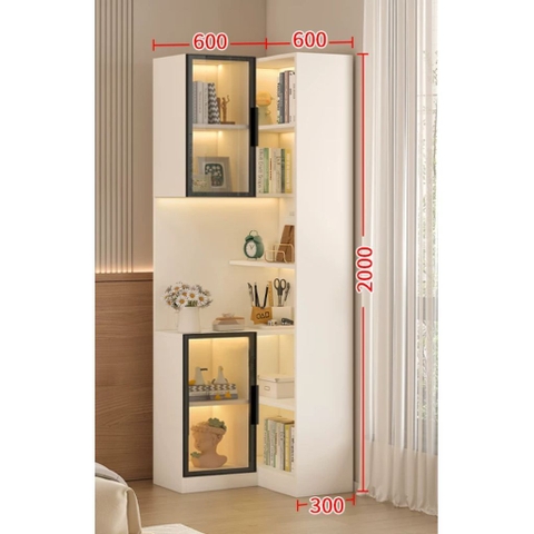 Kệ Sách Trang Trí Chữ L Đa Năng Cánh Kính Tích Hợp Đèn LED Hiện Đại 60+60x30x200cm Yapi-192