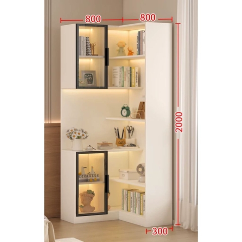 Kệ Sách Trang Trí Chữ L Đa Năng Cánh Kính Tích Hợp Đèn LED Hiện Đại 60+60x30x200cm Yapi-192