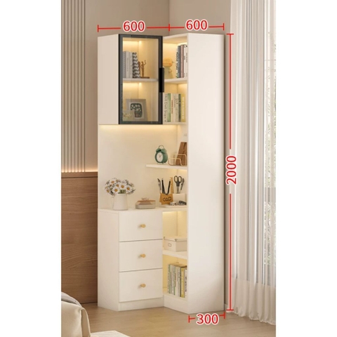 Kệ Sách Trang Trí Chữ L Đa Năng Cánh Kính Tích Hợp Đèn LED Hiện Đại 60+60x30x200cm Yapi-192