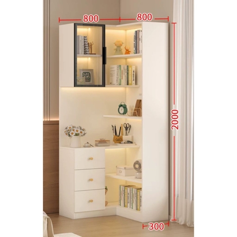 Kệ Sách Trang Trí Chữ L Đa Năng Cánh Kính Tích Hợp Đèn LED Hiện Đại 60+60x30x200cm Yapi-192