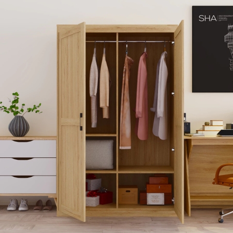 Tủ Quần Áo Gỗ MDF 2 Cánh Màu Vân Gỗ Tự Nhiên Hiện Đại Có Ngăn Kệ 120x60x190cm Yapi-244