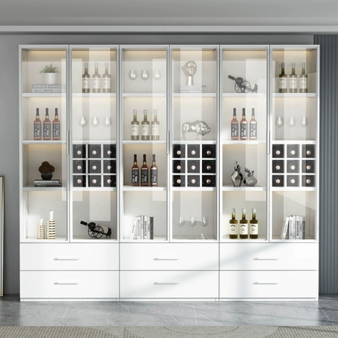 Tủ Rượu Trưng Bày Tone Trắng Có Đèn LED Kính Cường Lực, Nội Thất Phòng Khách 80x40x200cm Yapi-TK007-T