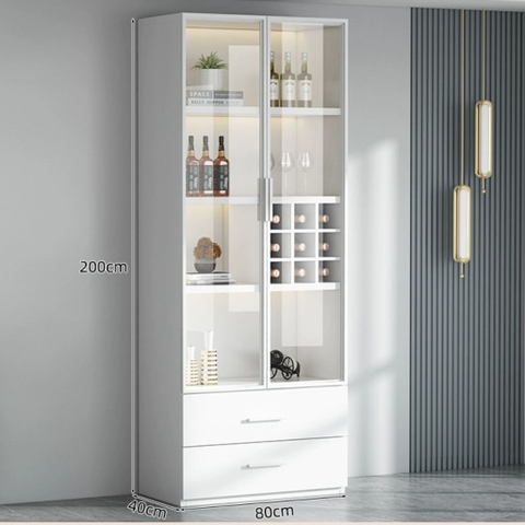 Tủ Rượu Trưng Bày Tone Trắng Có Đèn LED Kính Cường Lực, Nội Thất Phòng Khách 80x40x200cm Yapi-TK007-T