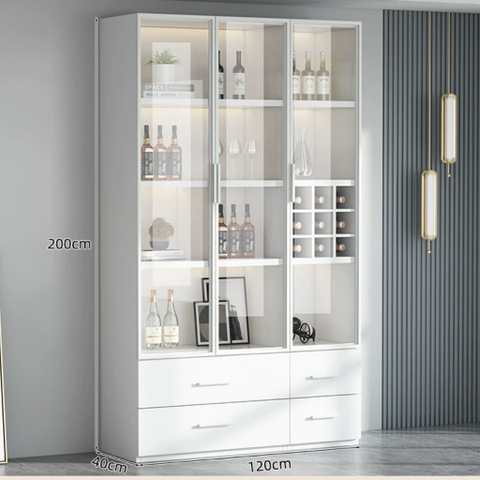 Tủ Rượu Trưng Bày Tone Trắng Có Đèn LED Kính Cường Lực, Nội Thất Phòng Khách 80x40x200cm Yapi-TK007-T