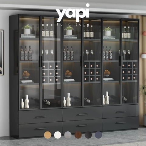 Tủ Trưng Bày Rượu Tone Đen Gỗ MDF Có Đèn LED, Kính Cường Lực 80x40x200cm Yapi-TK007-Đ