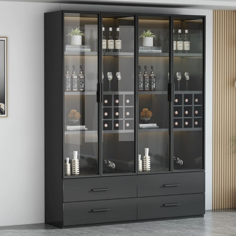 Tủ Trưng Bày Rượu Tone Đen Gỗ MDF Có Đèn LED, Kính Cường Lực 80x40x200cm Yapi-TK007-Đ