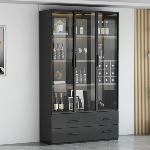 Tủ Trưng Bày Rượu Tone Đen Gỗ MDF Có Đèn LED, Kính Cường Lực 80x40x200cm Yapi-TK007-Đ