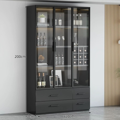 Tủ Trưng Bày Rượu Tone Đen Gỗ MDF Có Đèn LED, Kính Cường Lực 80x40x200cm Yapi-TK007-Đ