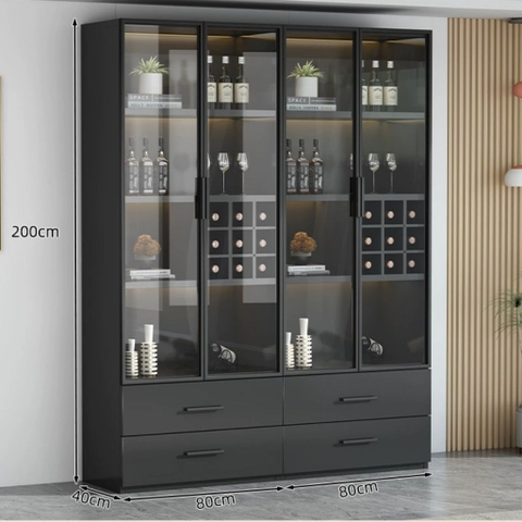 Tủ Trưng Bày Rượu Tone Đen Gỗ MDF Có Đèn LED, Kính Cường Lực 80x40x200cm Yapi-TK007-Đ