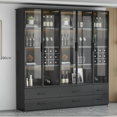 Tủ Trưng Bày Rượu Tone Đen Gỗ MDF Có Đèn LED, Kính Cường Lực 80x40x200cm Yapi-TK007-Đ