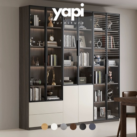 Tủ Sách Trưng Bày Nhiều Ngăn, Cánh Kính Cao Cấp-Nội Thất Phòng Khách 240x32x200cm Yapi-TK008