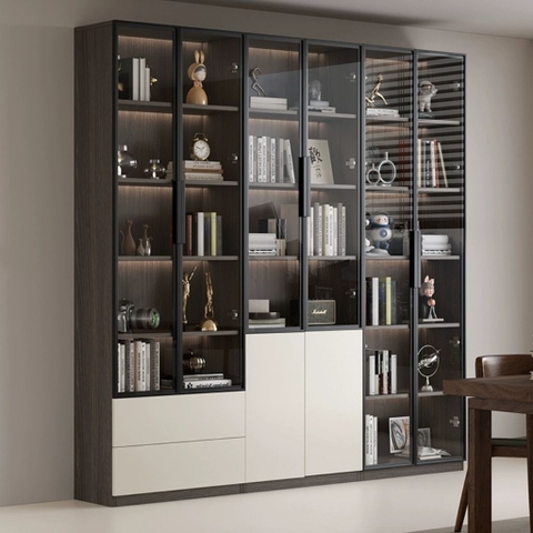 Tủ Sách Trưng Bày Nhiều Ngăn, Cánh Kính Cao Cấp-Nội Thất Phòng Khách 240x32x200cm Yapi-TK008