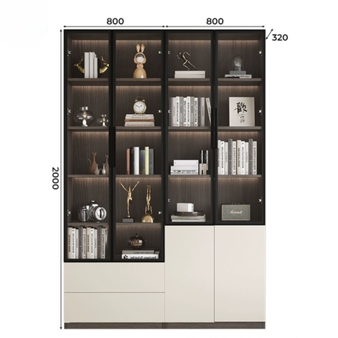 Tủ Sách Trưng Bày Nhiều Ngăn, Cánh Kính Cao Cấp-Nội Thất Phòng Khách 240x32x200cm Yapi-TK008