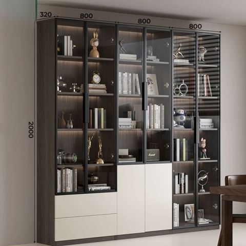 Tủ Sách Trưng Bày Nhiều Ngăn, Cánh Kính Cao Cấp-Nội Thất Phòng Khách 240x32x200cm Yapi-TK008