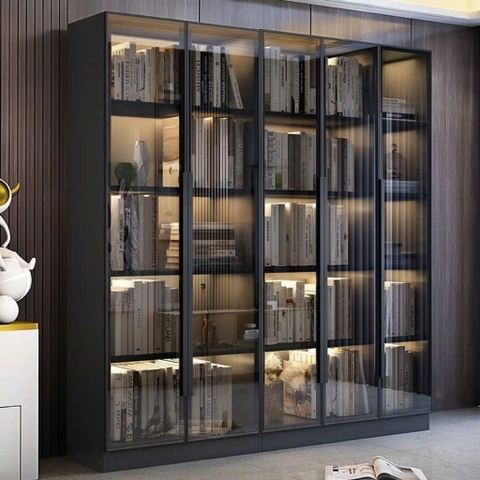 Tủ Trưng Bày Sách Cánh Kính Cường Lực Có Đèn LED Trang Trí Gỗ MDF 260x32x200cm Yapi-TK014